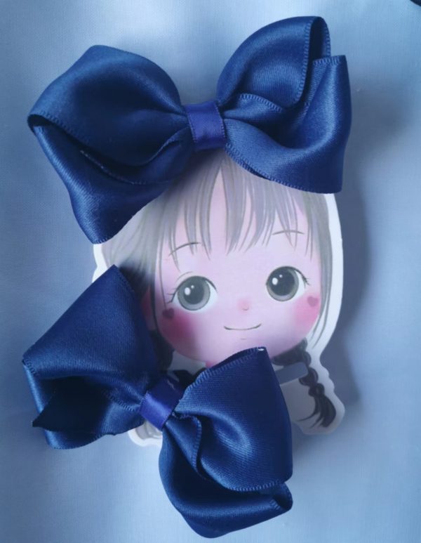 Matte cotton ribbon hair bow elastics (pair)-Navy/Dark green - Image 3