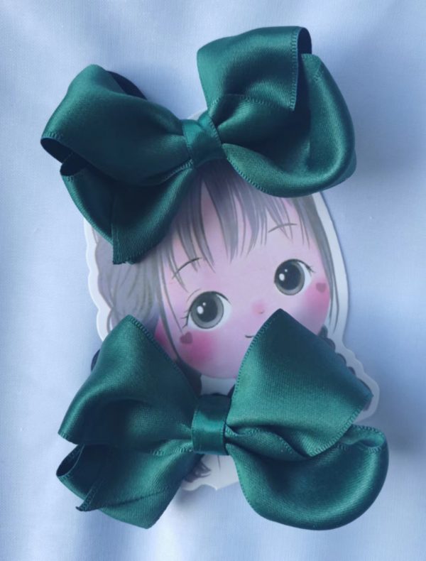 Matte cotton ribbon hair bow elastics (pair)-Navy/Dark green