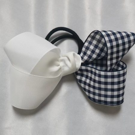 Large white/Navy check hair bow elastic