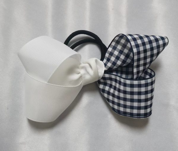 Large white/Navy check hair bow elastic
