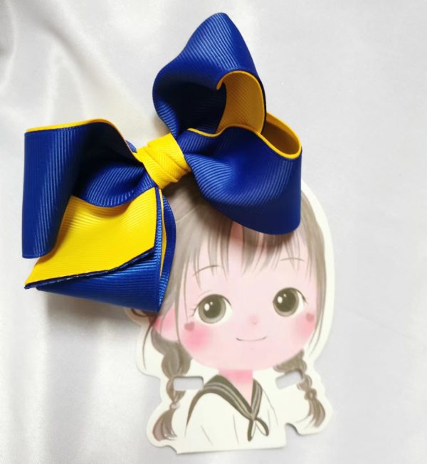 Two tone inside - out large hair bow clip/elastic - Royal blue/yellow - Image 3