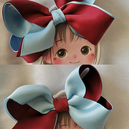 Two tone inside-out hair bow clip/elastic - Light blue/Burgundy
