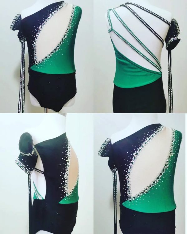 High finished custom-made Contemporary dance costume - emerald and black mixed colour, Children size 10.