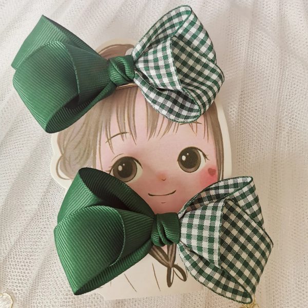 High quality handmade green check Hair bow clips