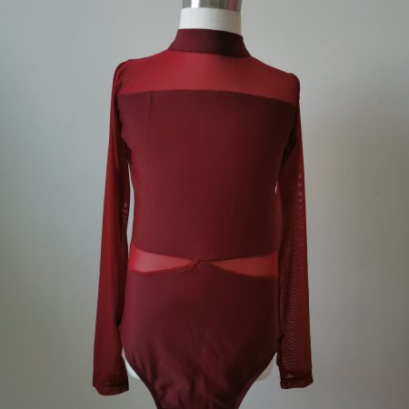 Contemporary/jazz costume base with mesh sleeves in wine red color, Adult XS (Children size 12)