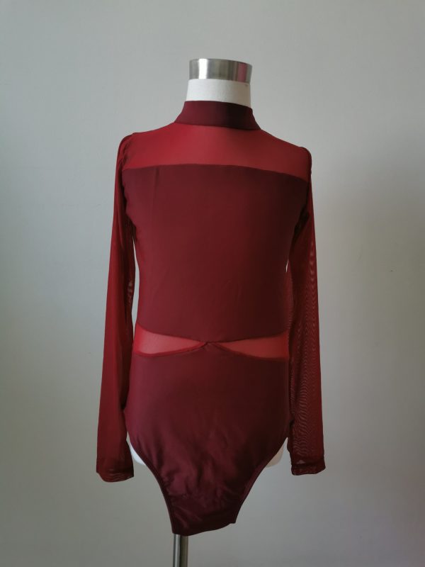 Contemporary/jazz costume base with mesh sleeves in wine red color, Adult XS (Children size 12)