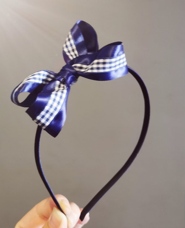 Navy blue and check ribbon bow Hair band - School Uniform match hair band