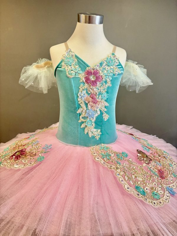 Stunning beautiful high quality Performance ballet TUTU / dance wear in contrast colours - Tiffany blue and pink ,decorated with AB rhinestones.children size 8-10