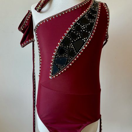 Fully embellished acro dance costume, with arm and leg straps