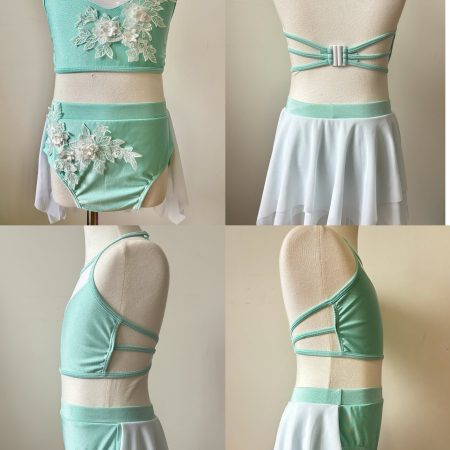 Custom design mint two pieces set Lyrical dance costume base + two pieces white laces