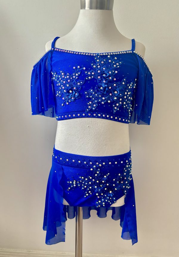 High end Royal blue Lyrical dance costume with a hair piece, Children size 8 - Image 2