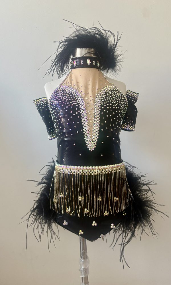 Custom made black musical theatre dance costume with black feather